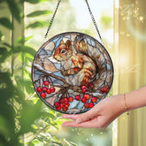 Squirrel Stained Glass Suncatcher: Winter Berries Woodland Decor